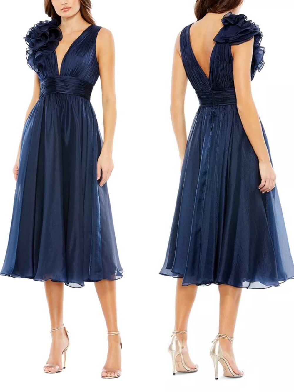 NWT Mac Duggal Sleeveless Chiffon A-Line Tea Length Cocktail Dress, Size 4, Navy